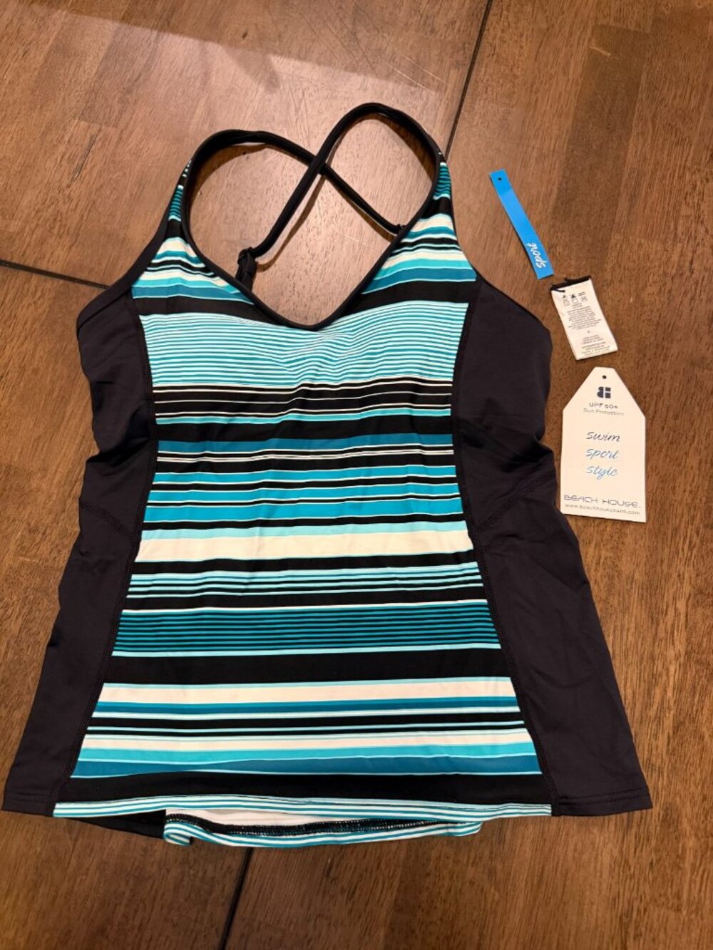 Beach House Black Striped Tankini Swim Top Sz 4